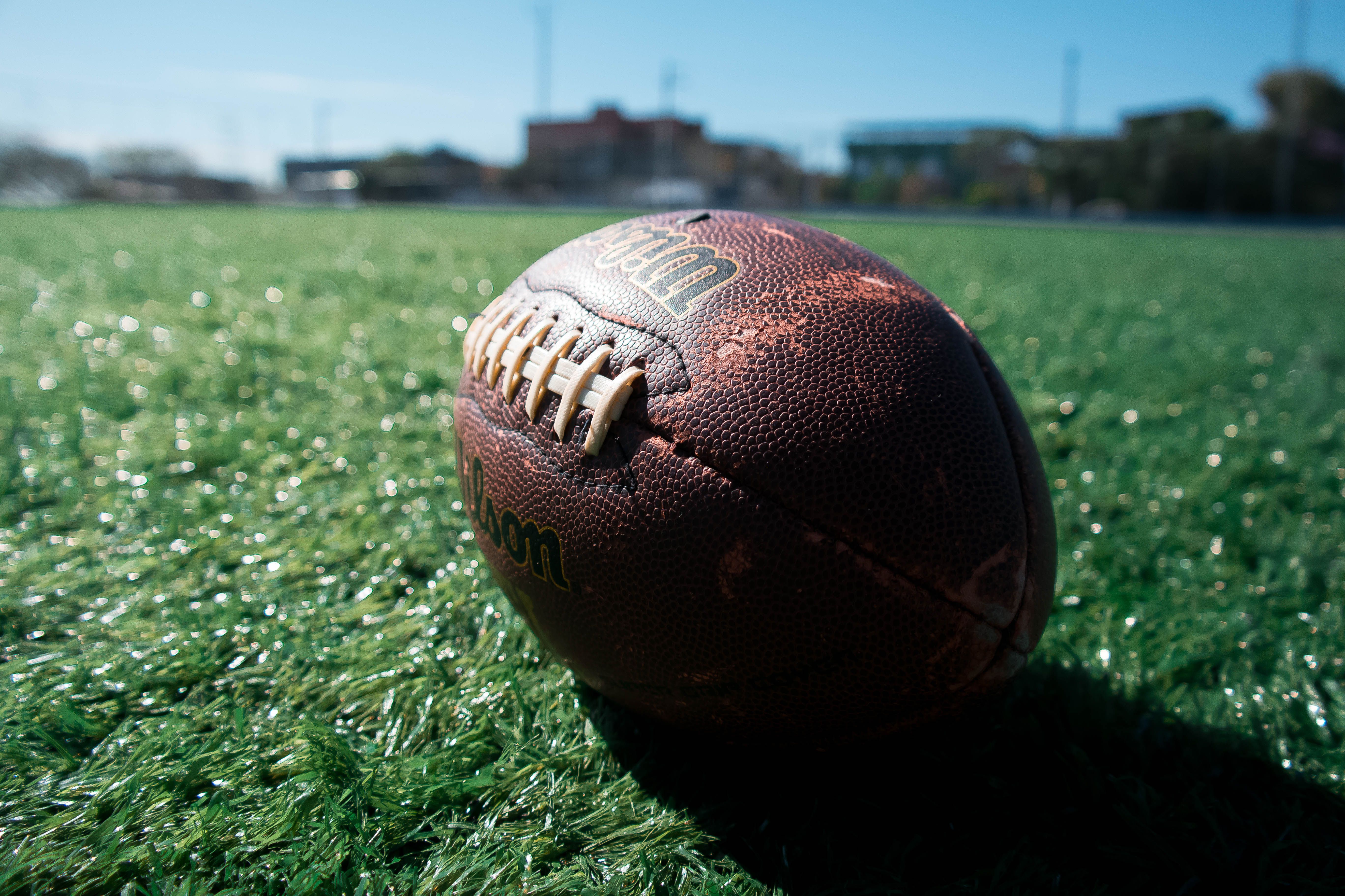 Football resting on a sunny training field
